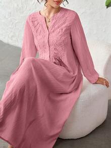 Al Najma Notched V-Neck Embroidered Patchwork Textured Solid Color Arabian Dress - Pink - View 7