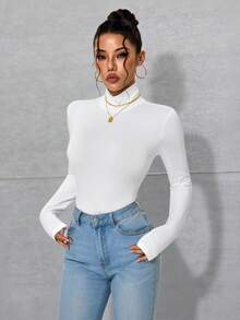 INAWLY High Neck Slim Fit Basic Tee Fall Cloth For Women - White - View 1