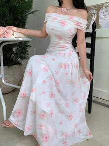Modelyn Floral Pattern Off-Shoulder Cinched Waist Fitted Midi Dress For Women - Pink - View 4