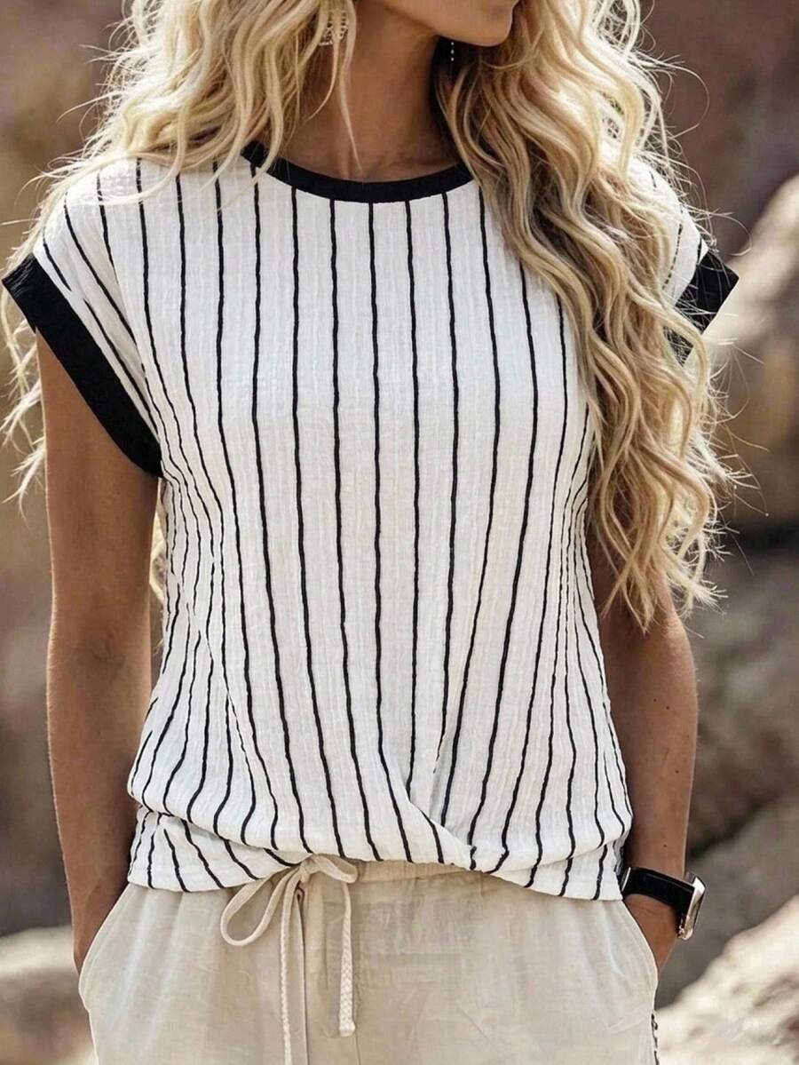 EMERY ROSE Women's Round Neck Black And White Striped Colorblock Casual Versatile Daily Wear T-Shirt Daily Summer Daily - Multicolor - View 1