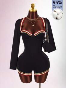 Amplova Underwire Cup Detail Fitted Long Sleeve Square Neck Flat Knit Colorful Mini Jumpsuit - Black - View 3