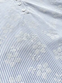 Tseoso 女款條紋花卉刺繡圖案休閒百搭日常穿著襯衫 - 藍白色 - 查看 9