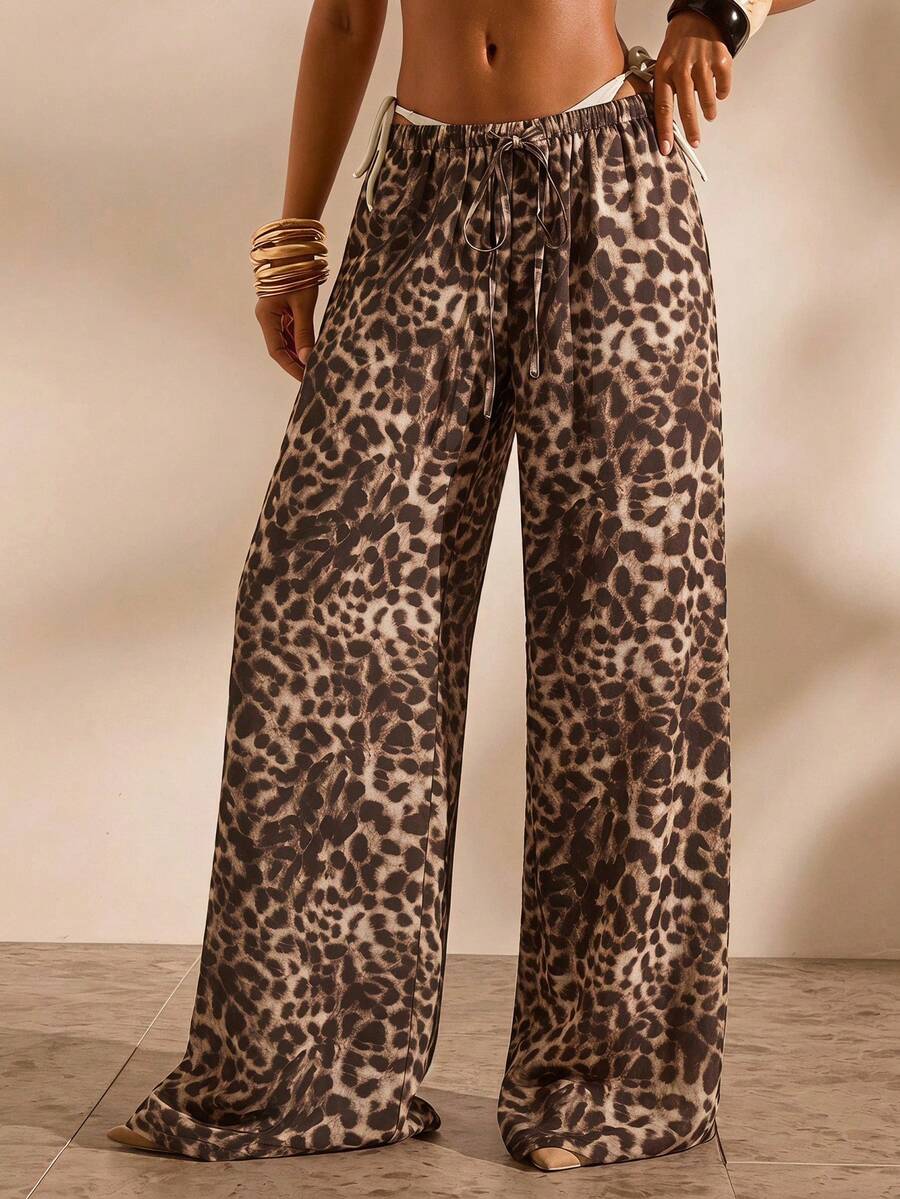 Opulessa بنطلون نسائي طويل بقصة واسعة فضفاضة منسوج مطبوع للعطلات والكاجوال - كاكي - مشاهدة 1