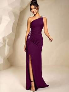 Coutiva Elegant One-Shoulder Ruched Bust Slit Mermaid Evening Dress - Red Violet - View 7