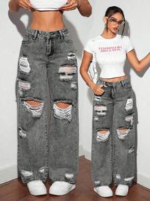 SHEIN Tall Fashionable Distressed Ripped Wide Leg Grey Jeans, Tall Women - Grey - View 8