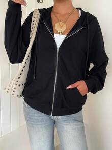 SHEIN EZwear Zip Up Raglan Sleeve Drawstring Hoodie,Long Sleeve Tops In Autumn/ Back-To-School School Black Casual - Black - View 3
