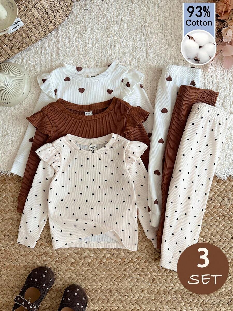 LMoss Kids Baby Girl Knitted Heart Pattern Round Neck Ruffle Trim T-Shirt And Long Pants 6-Piece Set - Multicolor - View 1