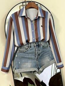 SHEIN Franclia Women's Casual Colorblock Striped Long Sleeve Shirt - Multicolor - View 3