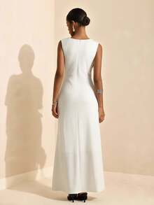 Vesra Lace Patchwork V-Neck Sleeveless Fitted Waist Bodycon Long Dress For Women - Multicolor - View 2