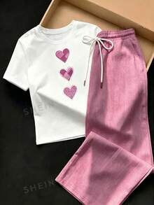 Muvela 2pcs Set Embroidered Round Neck Short Sleeve Top And Striped Print Pants, Casual - Pink - View 5