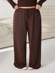 Solflare Plus Size Casual Loose Drawstring Waist Long Pants - Coffee Brown - View 6