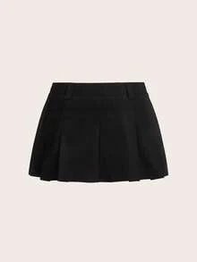 SHEIN ICON 女士黑色可爱时尚甜美街头风格超低腰工作服百褶裙 - 黑色 - 查看 4