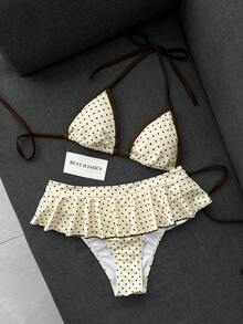 Swim Mod 女款海灘裝復古紅白波點印花對比包邊性感微型比基尼三角上衣超短比基尼裙時尚休閒度假甜美復古可愛性感比基尼兩件套掛脖式泳衣 - 彩色 - 查看 2