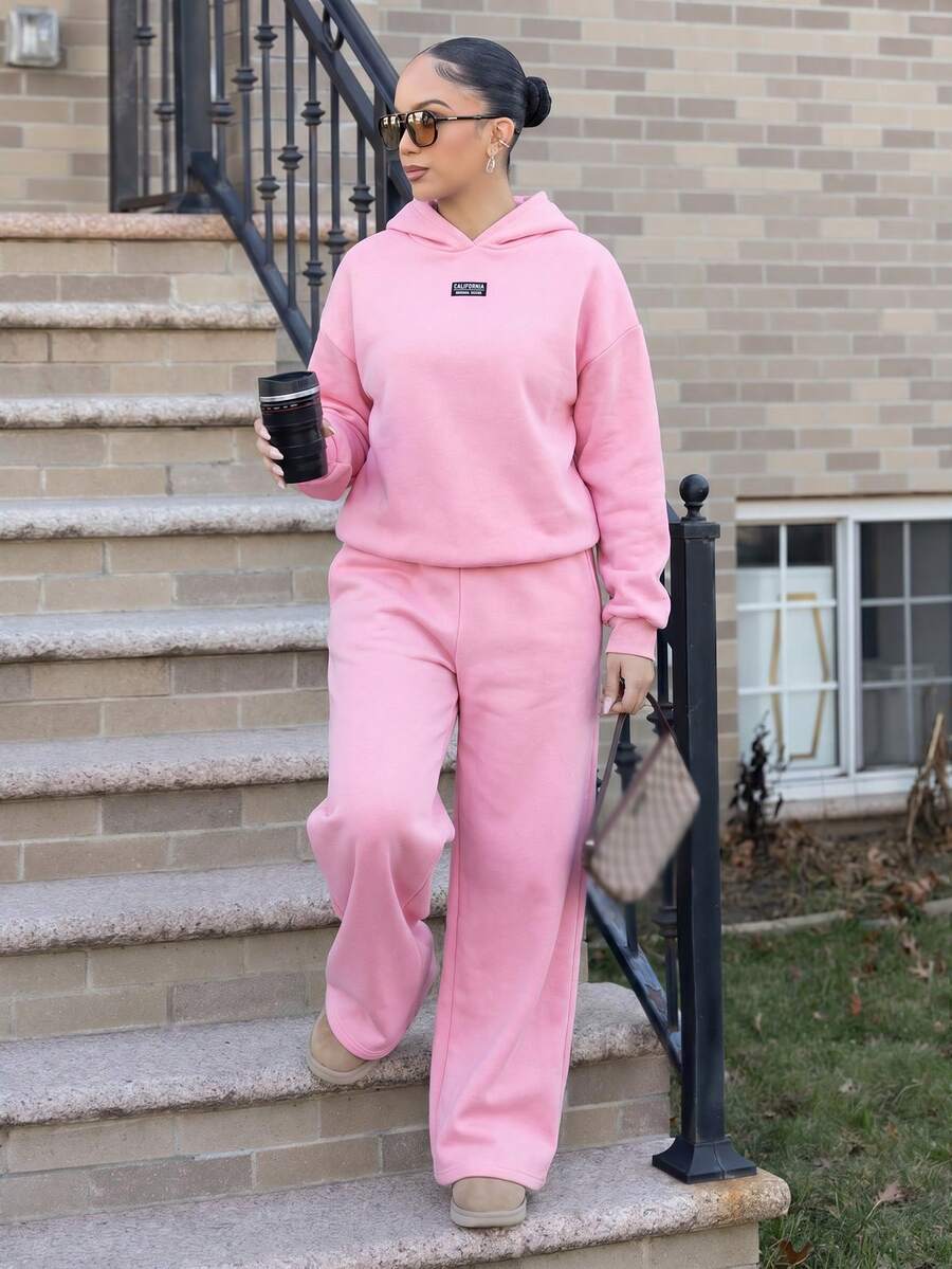 Melissa Matos 女款休閒寬鬆保暖內裡連帽衫與運動褲套裝,粉紅色,秋冬季,舒適優雅的秋冬女裝 - 粉色 - 查看 1