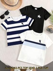 SHEIN 3件裝男嬰新款時尚舒適極簡條紋印花短袖上衣，設計Logo印花，春夏風格，適合日常穿著、返校、戶外活動、聚會、度假、街拍、校園生活、節慶活動、禮物 - 彩色 - 查看 2