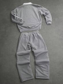 SLATEMANN Men's Letter Print Pullover Sweatshirt & Sweatpants Set - Grey - View 2