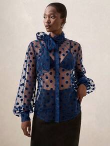Briarwyn Women's Polka Dot Mesh Tie Neck Long Sleeve Loose Sheer Blouse - Navy Blue - View 5