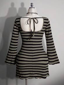 SHEIN ICON Plus Size Colorful Striped Backless Bell Sleeve Knit Dress - Black and White - View 2