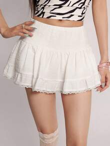 INAWLY Women's New Summer Y2K Retro Low Waist Contrast Lace Mini Skirt, Minimalist Sexy Sexy Plaid Texture Fabric Mini Skirt, Hot Girl Sexy Low Waist Lace Skirt, White Skirt, Retro Preppy Style Lined White Skirt, Low Waist Ultra Skirt, Suitable For Daily Outings, Shopping, Going Out - White - View 1