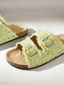 Solecia Summer Women's Fashion Casual Belt Rhinestone Rough Edge Design, Adjustable Buckle Daily Beach Vacation Sandals - grass green - View 3