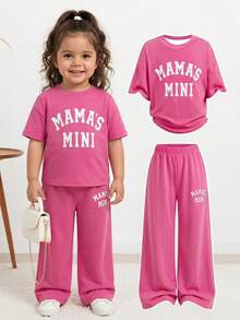 Baby Girls Casual Simple Pink Pattern T-Shirt Set Suitable For Summer - Multicolor - View 1