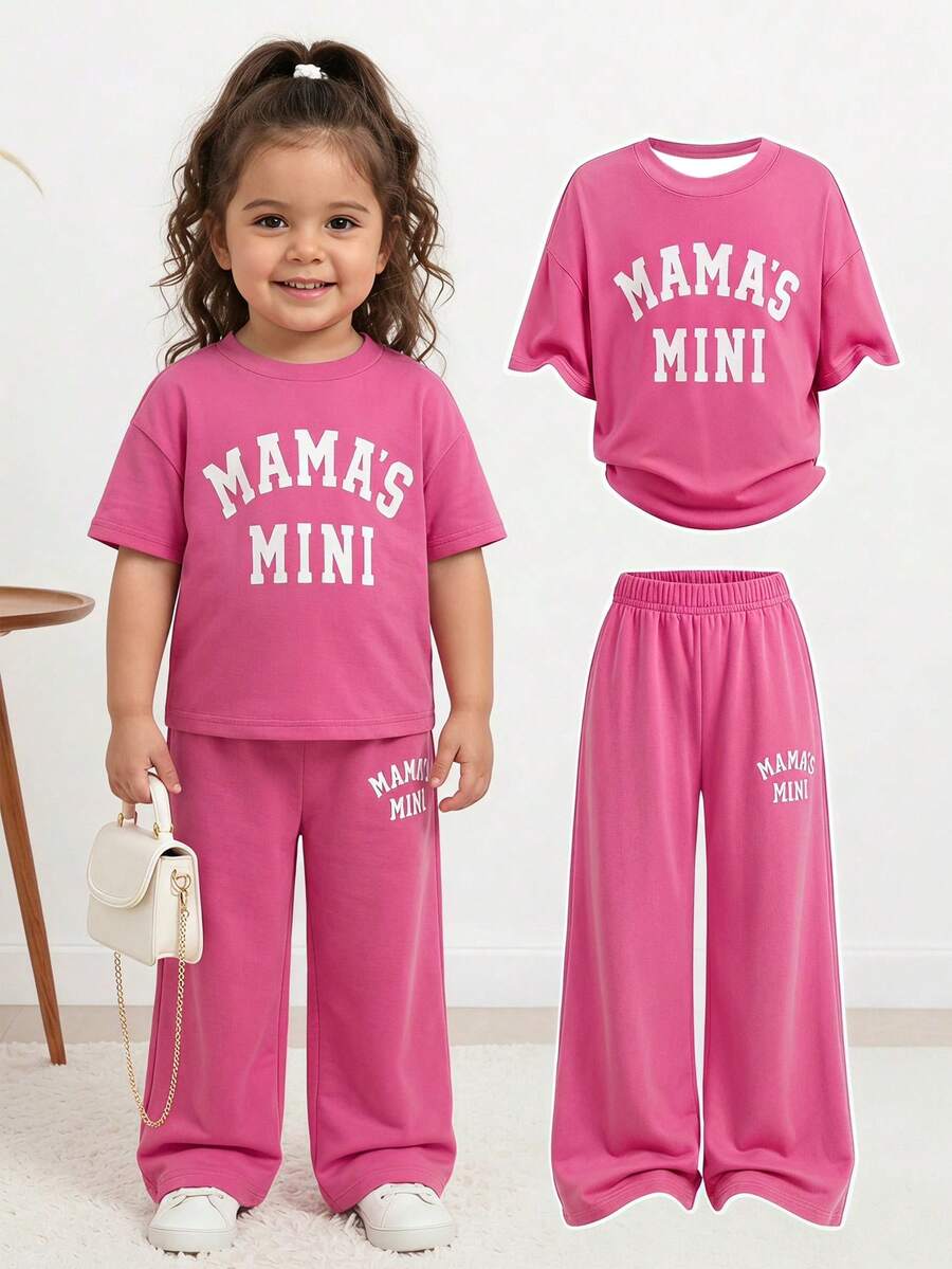 Baby Girls Casual Simple Pink Pattern T-Shirt Set Suitable For Summer - Multicolor - View 1