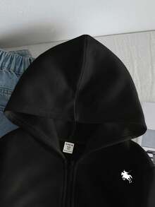 SHEIN Tween女孩寬鬆休閒極簡舒適日常街頭風連帽短版長袖衛衣 秋季外套 白色返校穿搭 - 黑色 - 查看 4