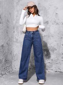 SHEIN PETITE High Waist Wide Leg Jeans ,Petite Women - Dark Wash - View 3