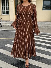Easura Plus Size Polka Dot Flare Sleeve Mermaid Hem Dress Fall - Brown - View 5