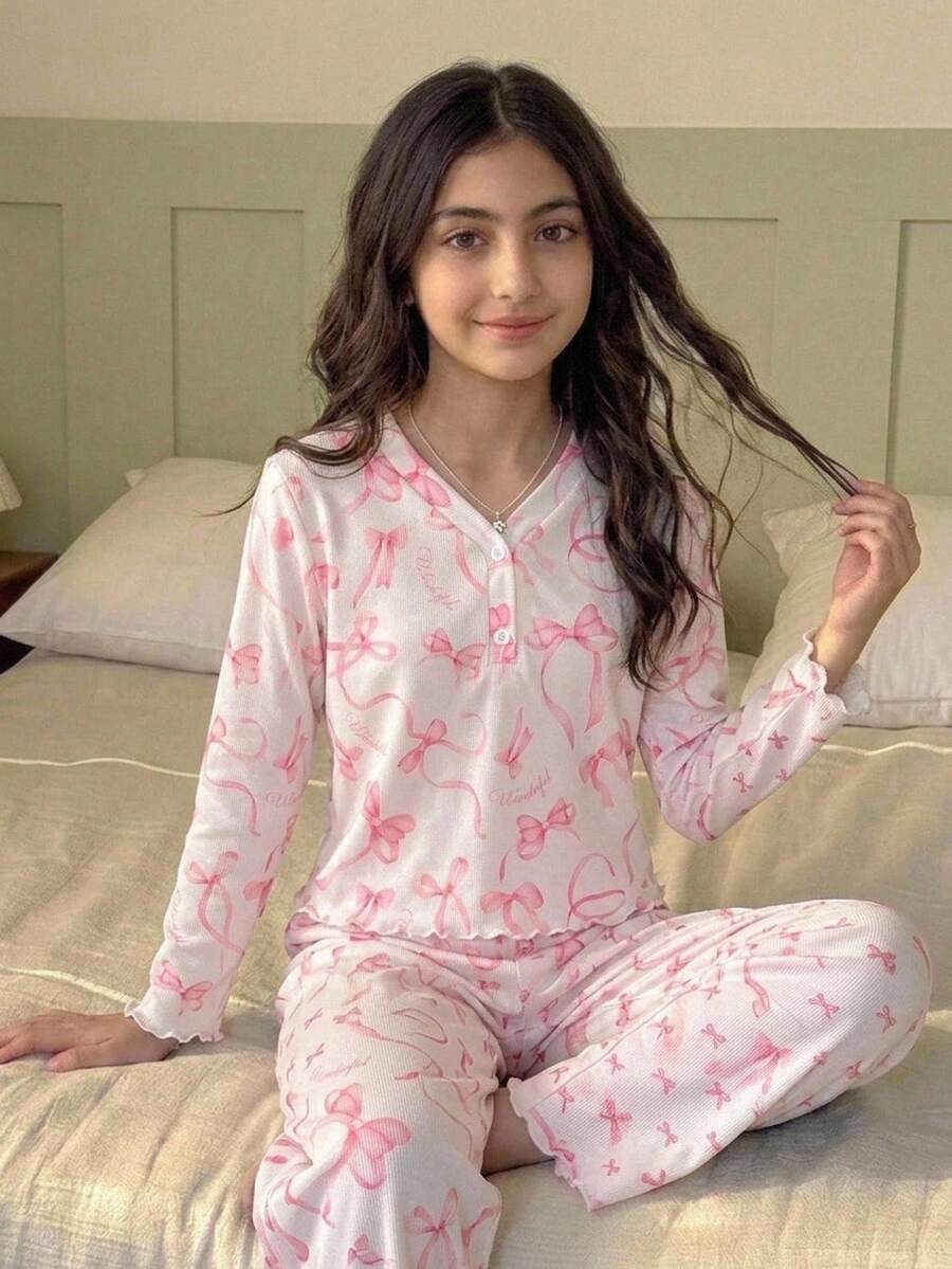 SHEIN Tween Girl Tween Girl Cute Sweet Minimalist Cartoon Bow Print -Neck -Open Front Ruffle Long Sleeve Pants Soft Comfortable Loungewear Pajama Set 2 Pieces Set - Baby Pink - View 1