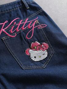 ROMWE MEN HELLO KITTY AND FRIENDS | ROMWE Men's Casual Daily Denim Shorts With Pocket, Button And Cartoon Letter Pattern - Blue - View 2
