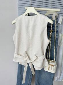 DAZY V-Neck Sleeveless Fitted Beige Linen Fabric Button Decor Waist-Cinching Women's Vest Summer - Khaki - View 2