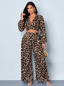 SOLERSUN Elegant Casual Fashion Leopard Print V-Neck Long-Sleeve Loose Top Wide-Leg Pants Two Pieces Set - Brown - View 7