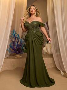 Glamrae Plus Size Elegant Glamorous Sequin Patchwork Elastic Knit Off-Shoulder Cap Sleeve Ruched Bodycon Mermaid Hem Evening Gown Suitable For All Formal Occasions - Army Green - View 7