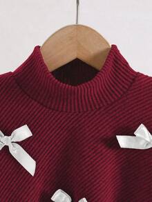Souflis Souflis Little Girls 2‑Piece Outfit Mock Neck Batwing Sleeve Irregular Hem Top With White Bow Decor Ribbed Flare Pants Fall Set Back To School Clothes Girls - Burgundy - View 3