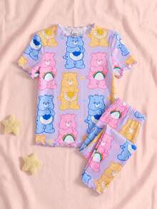 SHEIN X Care Bears طقم ملابس منزلية للبنات الصغيرات بطبعة كرتونية مع توب مزين بكشكشة وسروال ضيق - الأزرق - مشاهدة 1