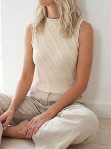 Sprig & Strand Women's Solid Color Diagonal Ribbed Knit Mock Neck Slim Fit Flattering Vintage Minimalist Elegant Soft Sexy Style Top Office Brunch Cream White Summer - Apricot - View 4