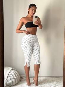 SHEIN SXY 女款波點印花高腰開衩七分褲 - 黑與白 - 查看 6