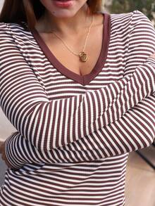 Hariany Almeida Winter Clothes For Women Grunge Daily Wear Going Out Brown Striped Knit V-Neck Long Sleeve T-Shirt Casual - Coffee Brown - View 5