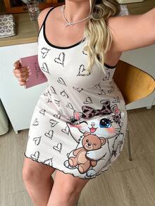 Slumberry CURVE Sweet INS Cute Leopard Print Cat Heart Pattern Comfortable Knit Cami Mini Plus Size Nightgown - Multicolor - View 2