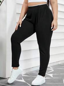 SHEIN Essnce Plus Size High-Waist Slanted Pocket Pants Fall - Black - View 4