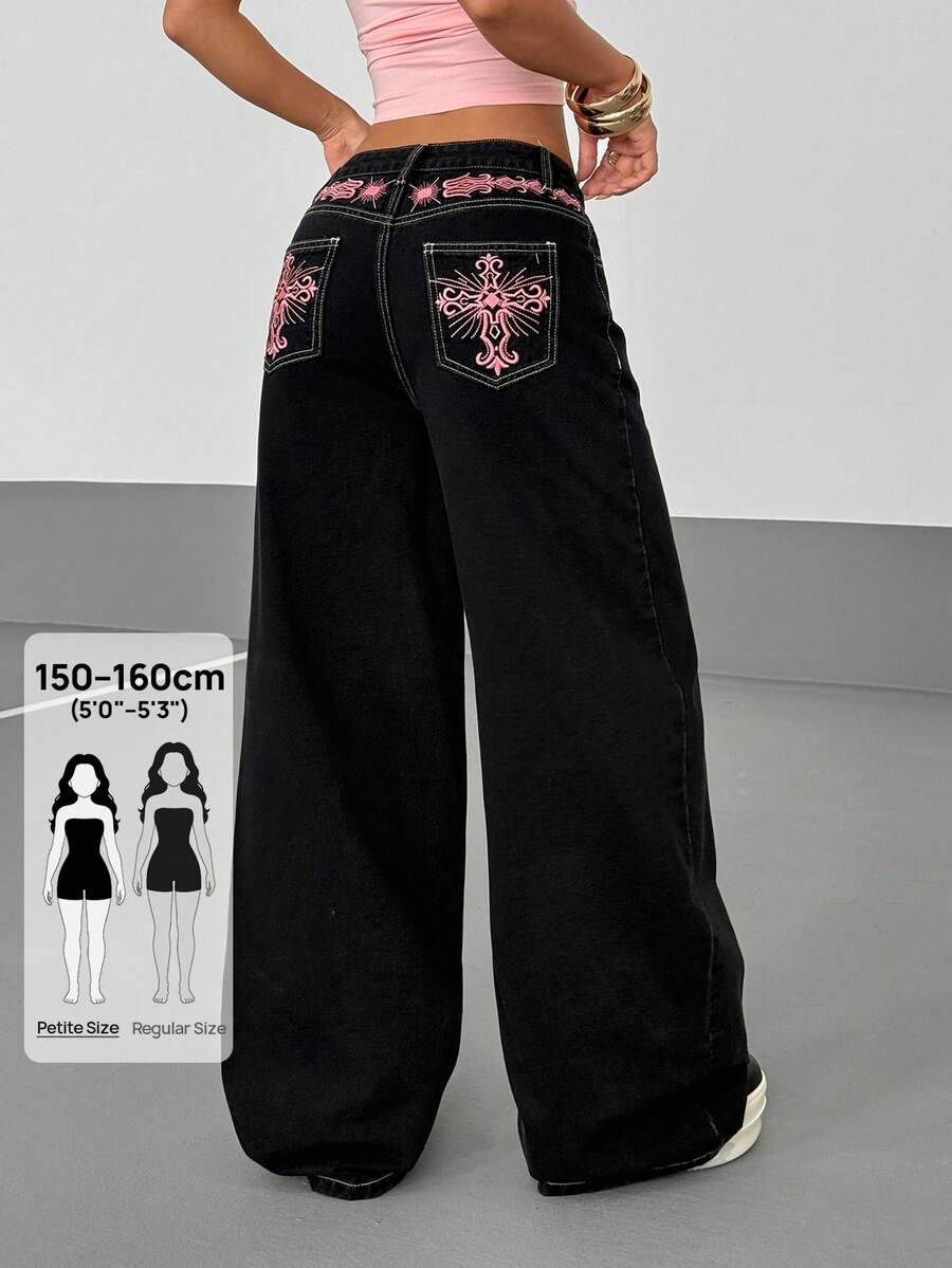 SHEIN PETITE 女款純色極簡日常牛仔褲,適合嬌小女性 - 黑色 - 查看 1