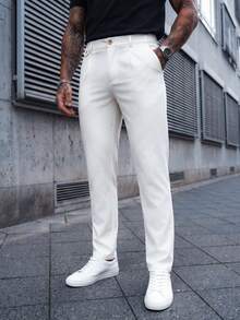 Manfinity CasualCool 男士素色直筒休閒通勤長褲，附口袋 - 白色 - 查看 1