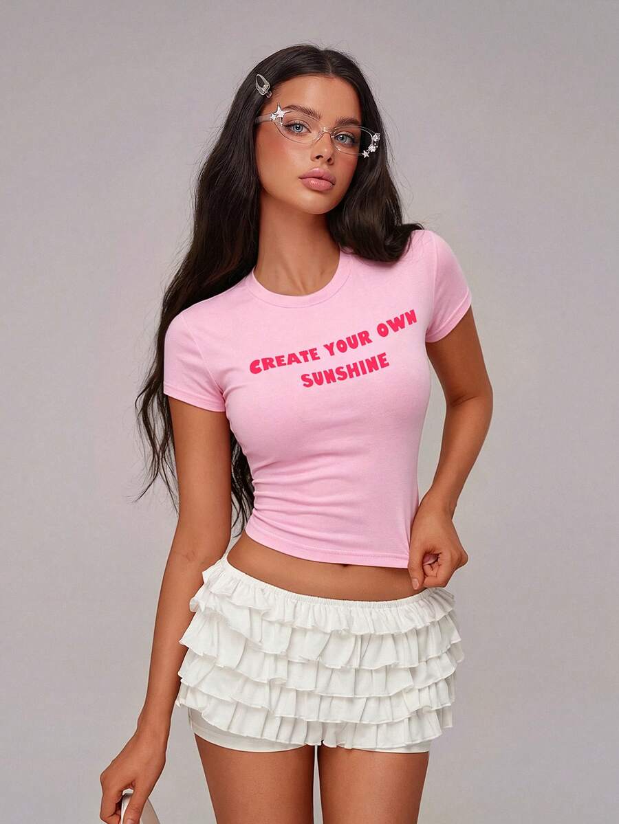 Nooralise Women's Pink Printed Short Sleeve Cropped T-Shirt, Y2K Style Everyday Summer - Pink - View 1