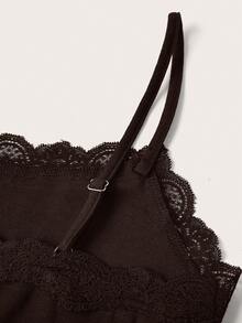 SHEIN PETITE 小碼女款 92%棉彈性蕾絲連身褲 春夏適用 百搭通勤風 - 棕色 - 查看 4