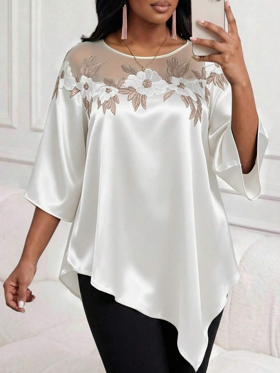 SHEIN Lady 大尺碼女款花卉刺繡圓領七分袖優雅襯衫 - 彩色 - 查看 1