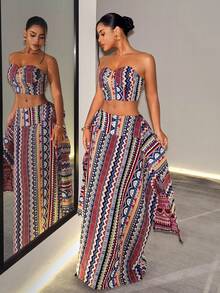 BamGleam Women's All-Over Print Tie-Up Design Bandeau Top Skirt Boho Tropical Two Pieces Set Vacation Navy Blue Gold Summer Night Out - Multicolor - View 5