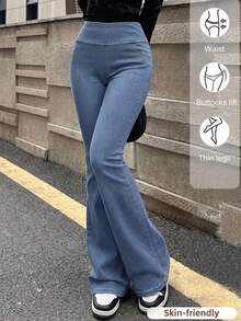 SHEIN Teen Girls Fashion Casual Washed Blue Denim Daily Sports Basic Stretch Slim Fit Yoga Flare Jeans, Pocket Design Soft And Comfortable, Suitable For Daily Wear And All Seasons - Light Wash - View 2