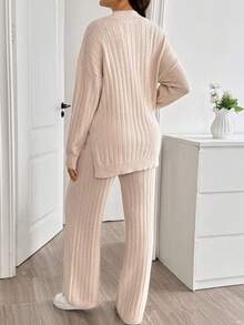 SHEIN Conjunto de suéter de unicolor con abertura lateral & pantalones de punto para maternidad - Albaricoque - Ver 2