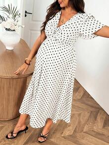 SHEIN Maternity V-Neck Pleated Polka Dot Casual Daily Wear Dress - White - View 6
